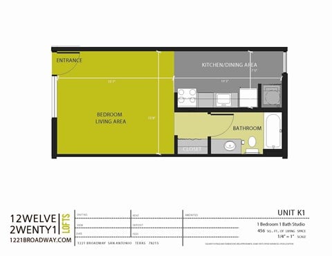 Floor plan for studio, 1 bath, 456 sqft